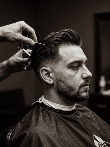 Black and white portrait of a classic barber styling hair, low-key lighting, rich textures