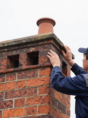 Close-up portrait of a skilled chimney technician in work gear, hands inspecting historic brickwork on a chimney stack, bright overcast daylight, cool slate and warm brick tones, sharp focus, 35mm