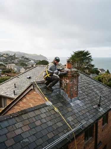 Crew member in safety harness on a residential rooftop, inspecting a brick chimney against a crisp, overcast coastal sky, wide environmental shot showing height and safety setups, 35mm