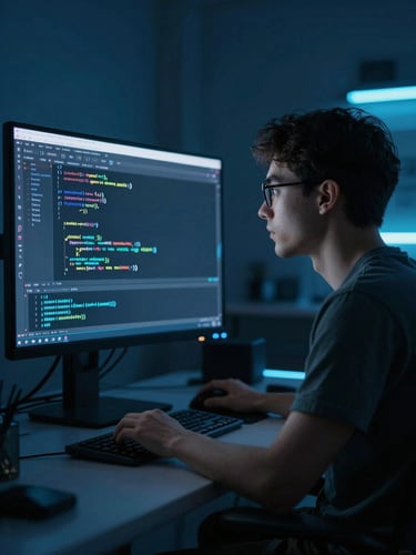 A software developer analyzing code on a vertical screen in a dark room with electric cyan ambient lighting, 35mm editorial style