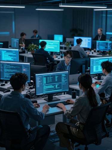 A wide environmental shot of software developers collaborating in a modern tech environment, low-key midnight blue ambient light, sharp electric cyan screen glows, 35mm.