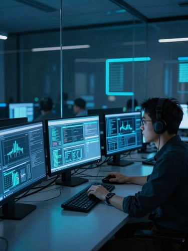 Wide environmental shot of a dark cybersecurity operations center, glowing blue and cyan dashboard screens reflecting on glass, focused analyst in profile, 35mm