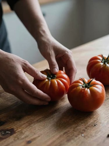 Hands prepping fresh heirloom tomatoes on a rustic wooden table, soft natural side-light, moody shadows, Scandinavian minimalist kitchen aesthetic, shallow depth of field