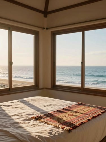 Sun-drenched resort room interior with ocean views through large windows, traditional Odia handloom textiles on the bed, warm morning light, 35mm
