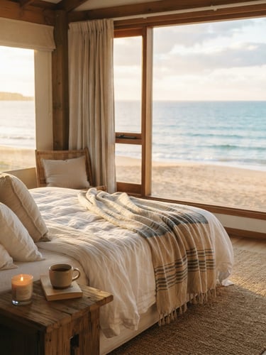 A warm editorial photograph of a sun-drenched room with ocean views at Hotel Park Beach Resort, golden-hour morning light reflecting off the quiet beach outside the window, soft sandy tones and ocean blues, 35mm, shallow depth of field.