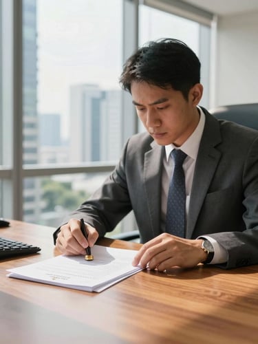 Bright natural daylight, a modern Bangkok high-rise office interior, focused professional reviewing official documents with a corporate seal visible on a warm teak desk, shallow depth of field, 35mm lens.
