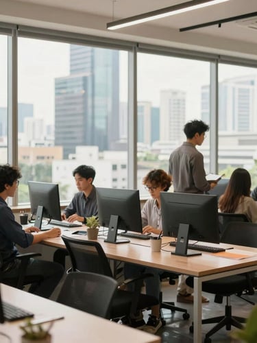 Wide environmental shot of a modern Bangkok creative workspace with large windows, professional designers collaborating, bright daylight.