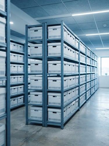 Bright modern corporate office storage room with neatly stacked white paper boxes on metal shelves, cool blue tones, professional depth of field