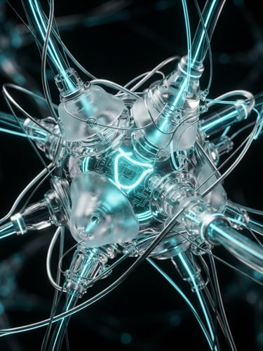 Macro close-up of a hyper-realistic 3D glassmorphic neural node, cinematic dark studio lighting, neon cyan and silver accents, octane render style
