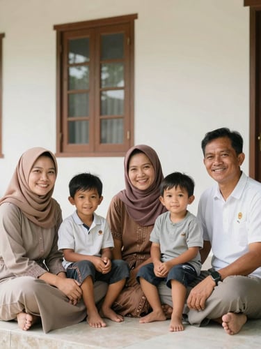 Warm environmental portrait of a local Indonesian family in South Sulawesi sitting inside their bright home, smiling, natural daylight, warm tones, 35mm lens