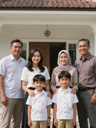 A warm professional photograph of a modern Indonesian family standing proudly in front of their newly built house in Makassar, bright natural daylight, clean corporate tones, 35mm lens