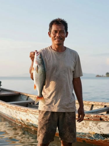 A proud local Indonesian fisherman standing by his wooden boat in South Sulawesi during bright morning daylight, holding a fresh catch, warm colors, 35mm lens.
