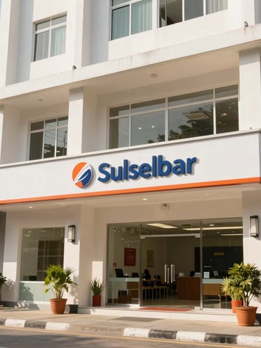 Warm professional photography of a modern Bank Sulselbar branch building in Makassar, bright natural daylight, clean architectural lines, welcoming local atmosphere.