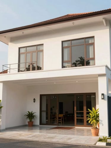 Bright exterior of a modern family home in Makassar, South Sulawesi, under warm natural sunlight, clean professional architectural photography
