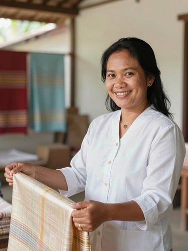 A bright, warm environmental portrait of an Indonesian woman smiling while showcasing beautiful handwoven silk fabrics in her traditional workshop in South Sulawesi, soft natural daylight, 35mm lens.