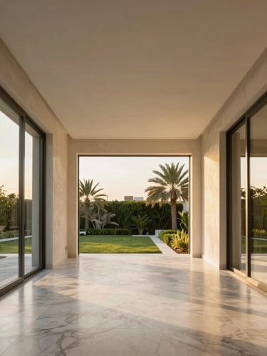 Symmetrical architectural perspective of a sun-drenched minimalist luxury villa interior in Al Barari, floor-to-ceiling glass windows overlooking lush greenery, marble floors, golden hour light.