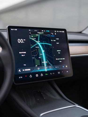 Dynamic low-angle macro shot of a sleek EV dashboard screen displaying real-time charging metrics and navigation maps, glowing with electric blue highlights against dark metallic surfaces.