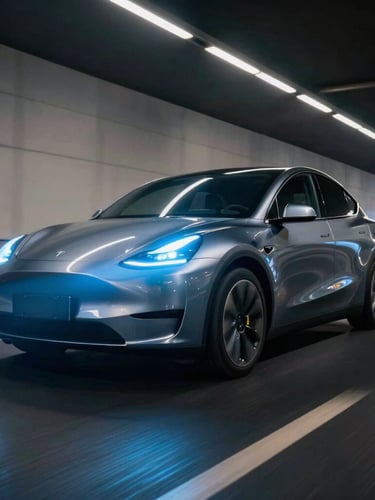 Dynamic low-angle shot of a sleek electric vehicle accelerating through a neon-lit urban tunnel at night, electric blue light trails reflecting off metallic bodywork, motion blur, cinematic framing