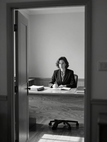 Wide environmental view from a doorway: a woman attorney seated alone at a clean wooden desk, natural north-facing daylight falling across case folders and an open notebook, no eye contact with camera, institutional morning light, monochrome mood, serious and still
