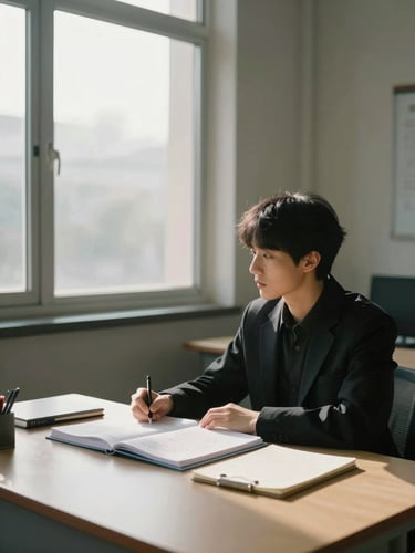 Single person seated at a clean desk near a tall window, institutional morning light casting soft shadows across open folders and a notepad, viewed from across the room, calm and unhurried atmosphere, no face visible
