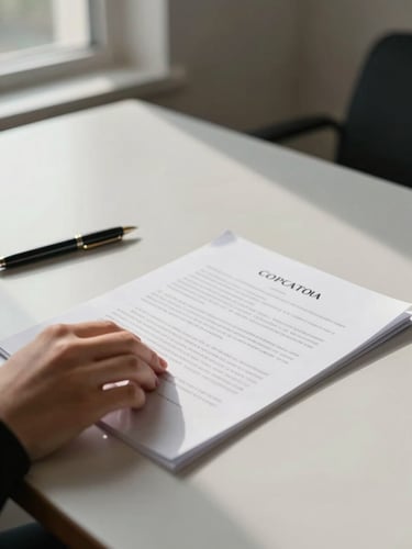 Close-up of a woman's hand resting on a legal document on a clean pale desk, a pen beside it, north-facing institutional daylight falling across the paper from a tall window out of frame left, quiet and still