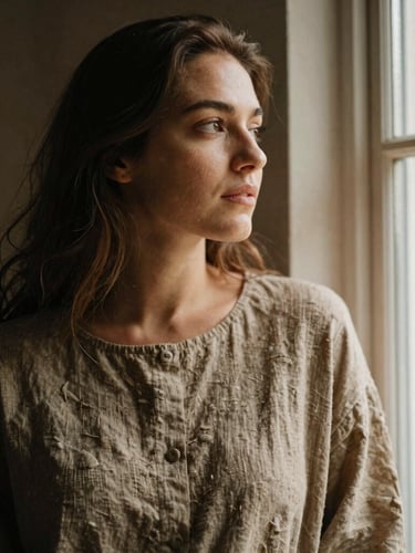 Candid medium portrait of a woman looking thoughtfully out a window, soft side-lit daylight, warm earthy tones, rich linen textures, 35mm film style.