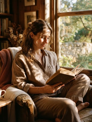 A warm golden-hour portrait of a woman in soft linen clothing sitting in a sun-dappled reading corner, 35mm film style.