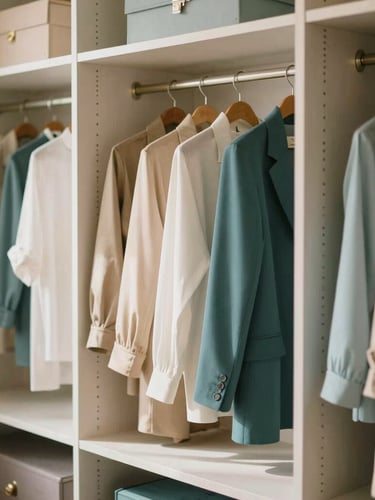 Warm editorial photography of an impeccably organized walk-in closet, color-coordinated wardrobe styling, soft natural daylight, champagne accents, shallow depth of field, 35mm