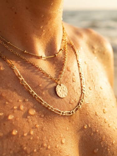 Macro close-up of gold plated necklaces on sun-kissed skin with glistening saltwater droplets, direct golden-hour sunlight, rich metallic reflections.