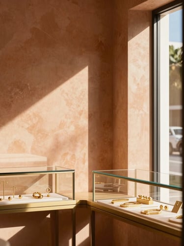 Warm editorial photography of a chic boutique interior in Tampa, sun-drenched terracotta walls, minimalist golden jewelry displays under natural outdoor glare.