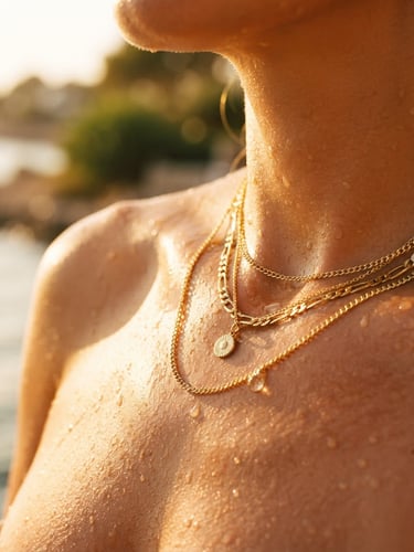 Warm editorial photography of gold plated chains on sun-kissed skin with water droplets, direct golden-hour sunlight, rich metallic reflections, shallow depth of field.
