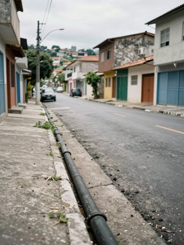 Wide street-level view of a residential neighborhood in a Brazilian mid-sized city, fiber conduit running along a concrete wall in the foreground, overcast natural daylight, no people, documentary framing with strong horizontal lines