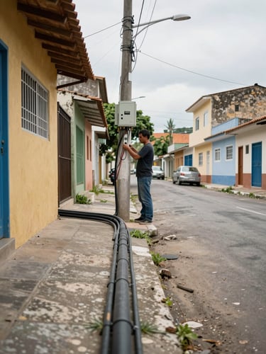 Wide ground-level street view of a Brazilian neighborhood, fiber conduit running along a low wall in the foreground, technician checking a splitter box mounted on a utility pole mid-frame, overcast natural daylight, residential buildings receding to the right, no people looking at camera