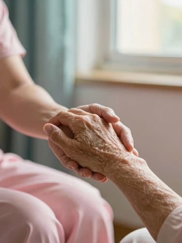 A close-up of a caregiver's hand gently holding an elderly hand, soft natural light streaming from a window, peaceful home environment, warm pink tones, shallow depth of field.