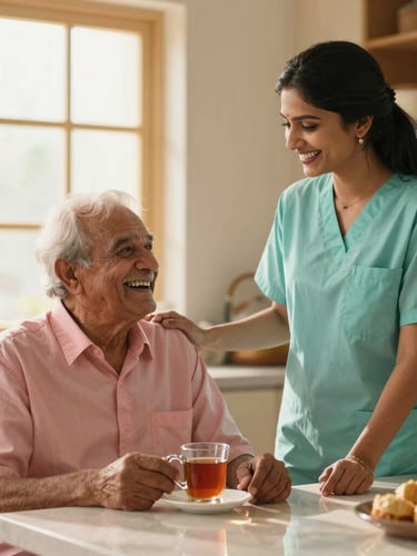 A caregiver and an elderly man laughing together over a cup of traditional tea in a warm, modern Indian kitchen, soft natural light, cozy home atmosphere.