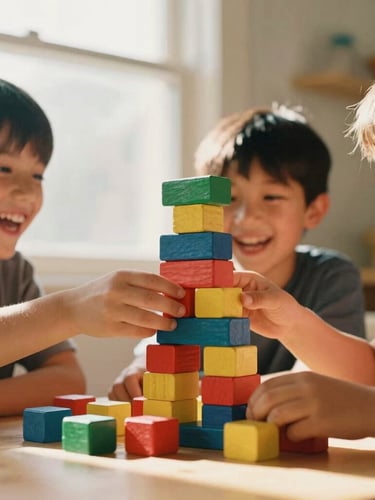 Low-angle shot of three children laughing, hands stacking colorful chunky wooden game blocks on a table, warm golden sunlight streaming through a window, shallow depth of field, 35mm film style