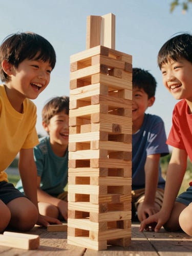 Dynamic low-angle shot of children laughing and building a giant wooden tower game together, warm golden hour sunlight streaming in, rich saturated primary tones, 35mm style