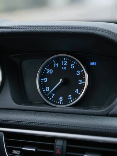 Cinematic close-up of a clean black sedan dashboard clock showing exactly 3:55 AM, soft blue dashboard light, sharp focus