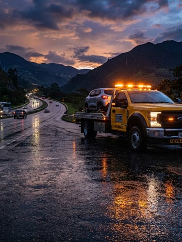 Dramatic low-angle shot of a modern yellow flatbed tow truck parked on a Colombian highway under amber twilight sky, high-contrast warning lights reflecting on wet asphalt.