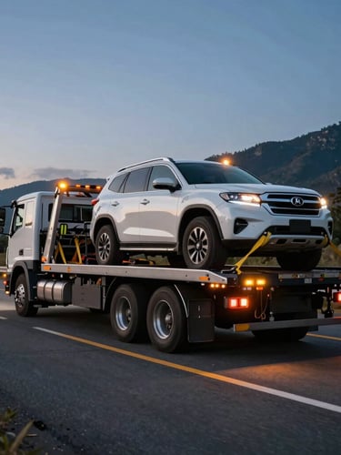 Low-angle dynamic shot of a heavy-duty flatbed tow truck carrying a secured SUV on a sunny Colombian highway, safety straps visible on wheels, mountains in the background