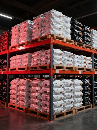 Wide angle of a clean, organized industrial warehouse with shelves stacked with white and black wholesale food packaging, dramatic red lighting accents, sharp focus, 35mm