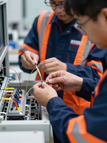 Technicians in high-visibility gear working on fiber terminations in a cleanroom environment, cool-toned indoor technical lighting, close-up of hands, 35mm