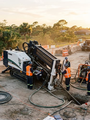 Wide environmental shot of a heavy directional drill on a worksite at golden hour, technicians in high-vis gear nearby, bright Florida daylight, high-contrast navy and safety orange tones, sharp focus, 35mm