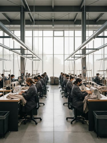 Symmetric architectural shot of a modern, clean garment factory floor, skilled workers operating sewing lines under soft diffused overcast daylight, muted charcoal tones, sharp focus, 35mm lens.