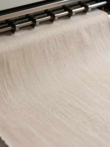 Macro close-up of a high-precision automatic fabric cutting machine slicing beige cotton twill, clean sharp edges, soft diffused daylight, muted tones, 35mm lens.