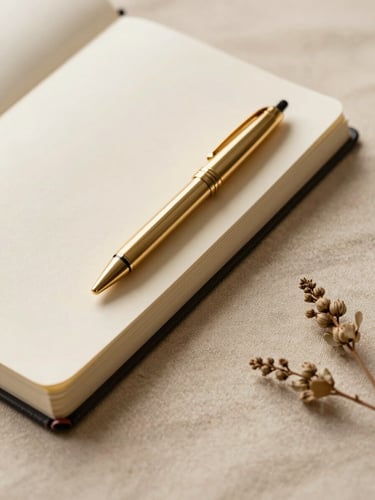Close-up portrait-orientation shot of a styled brand flatlay — warm beige linen surface, a partially open luxury notebook with a gold pen resting diagonally across it, soft diffused studio light from upper left, one small sprig of dried botanicals in the lower right corner