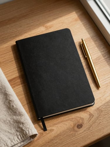 Overhead styled brand flatlay on a warm natural wood surface — a sleek matte-black notebook, a single gold pen resting diagonally, a folded beige linen cloth in the lower-left corner, soft warm window light from the upper right casting a long gentle shadow; no text visible, no digital screens