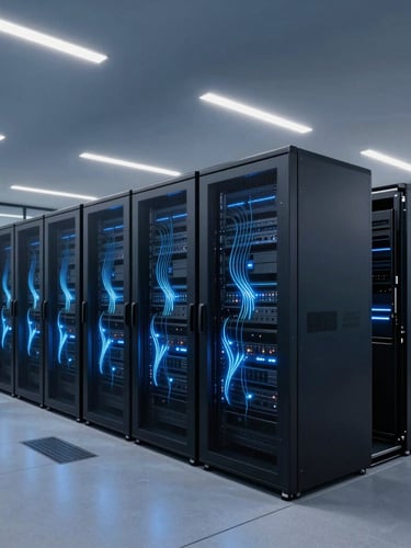 Sleek corporate technology photography, cool ambient office lighting, deep navy and electric blue tones, wide-angle architectural lens showing high-end server environments with abstract glowing data streams