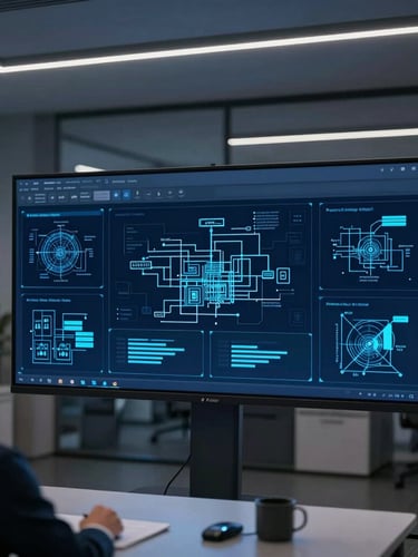 Sleek corporate technology photography, cool ambient office lighting, over-the-shoulder perspective of an engineer analyzing system architecture diagrams on a large screen.