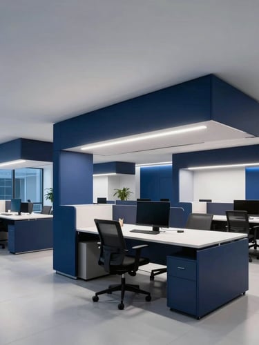 Sleek corporate technology photography of a modern architectural workspace with cool ambient office lighting and deep navy accents, wide-angle lens.